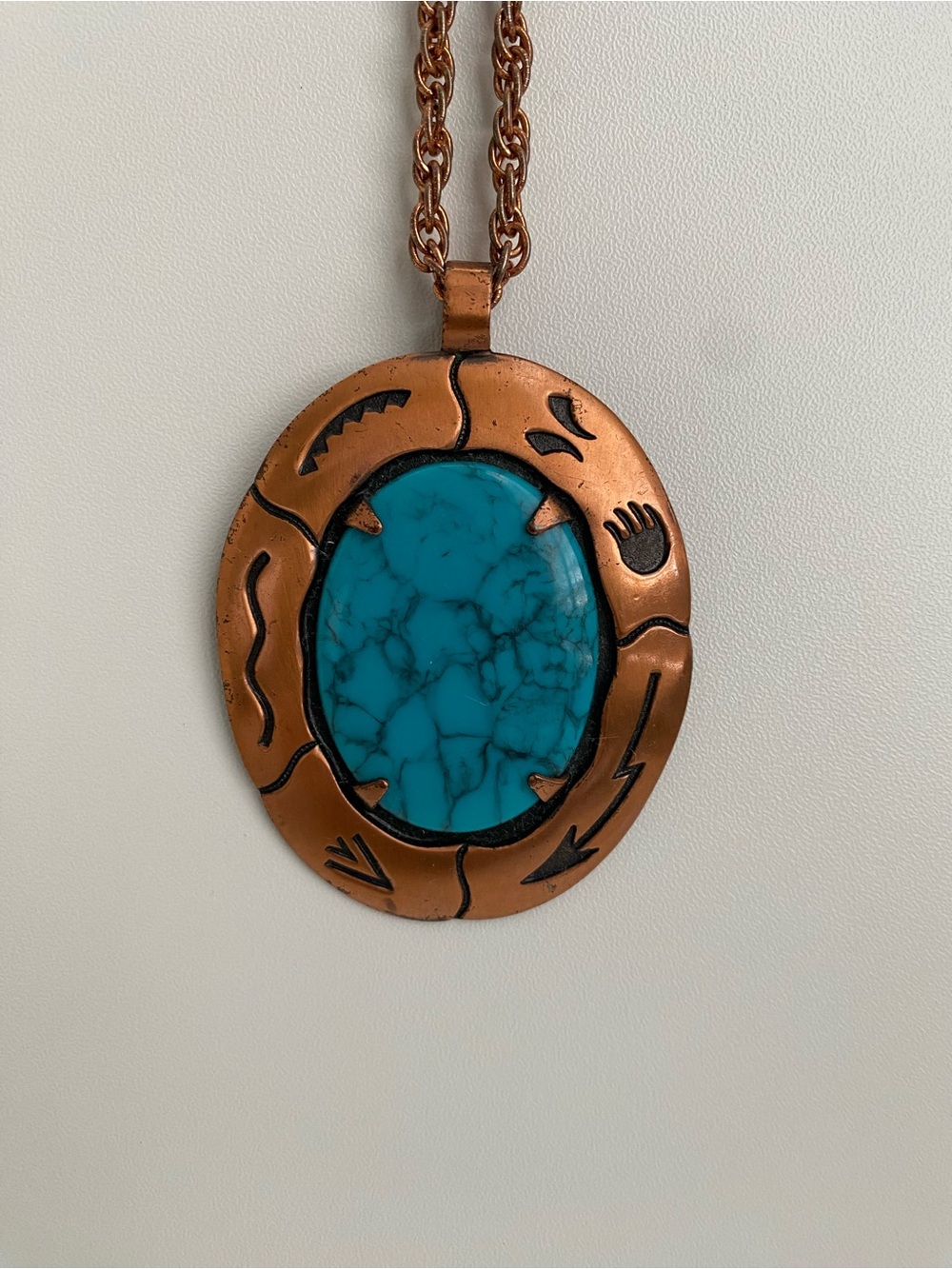 Vintage Bell Trading Post Faux Turquoise Pendant in Solid Copper Necklace - Picture 4 of 6